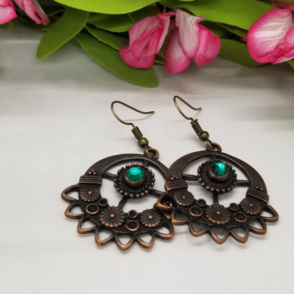 Bronze Medallion Earrings with Teal Crystals